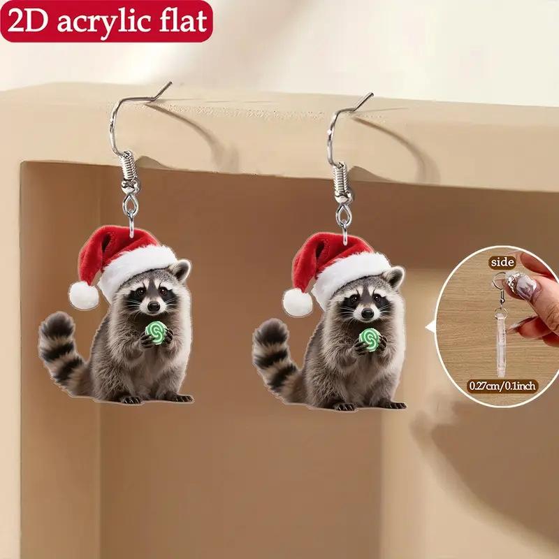 Cross-border cute raccoon eats candy earrings, European and American acrylic Christmas gifts, Christmas hats, cartoon animal earrings.