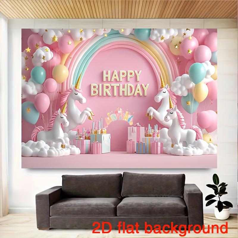 1 rainbow and unicorn birthday party background with pale pink balloons  clouds and gift boxes