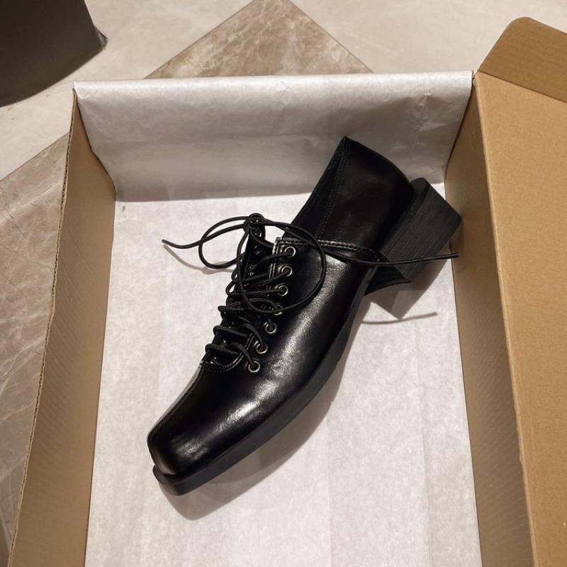 Fashion Fall New Coarse Heel Shoes Women's Fashion Square Head Center Front Lacing Anti-slip Wear-resistant Low-top Shoes
