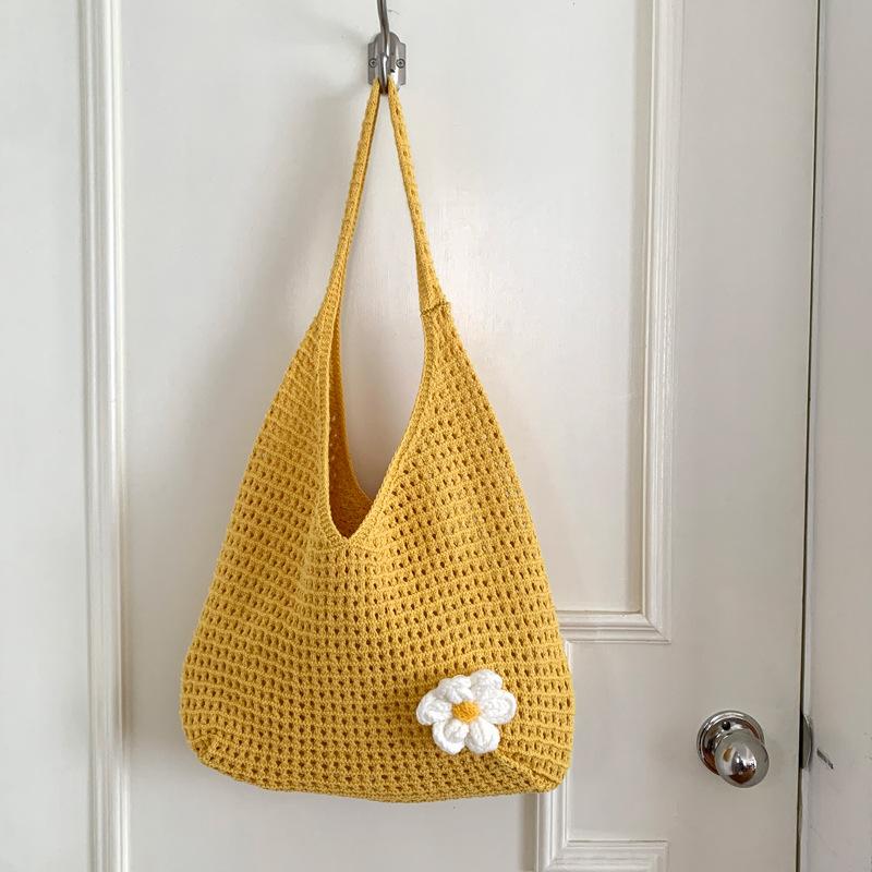 Flower Print Knit Bag for Women Hollow Out Mesh Tote Shoulder Purse Soft Woven Handbag Casual Daily Outing Bag