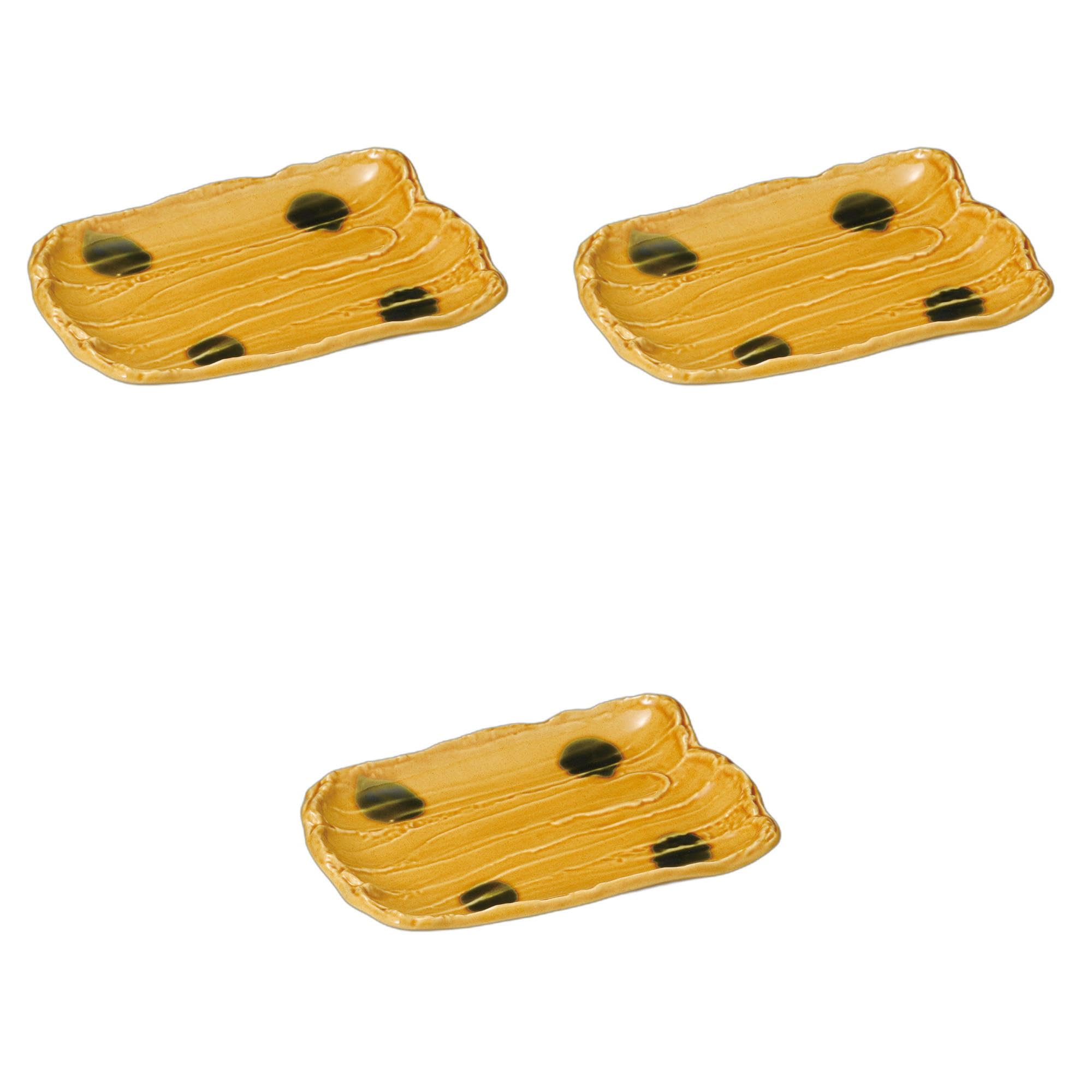 

Set of 3 Yellow Seto Pottery Plates x 15 x 2 Pottery Setomonohonpo Coarse-Sawn [22 cm] Plates, Ceramic,