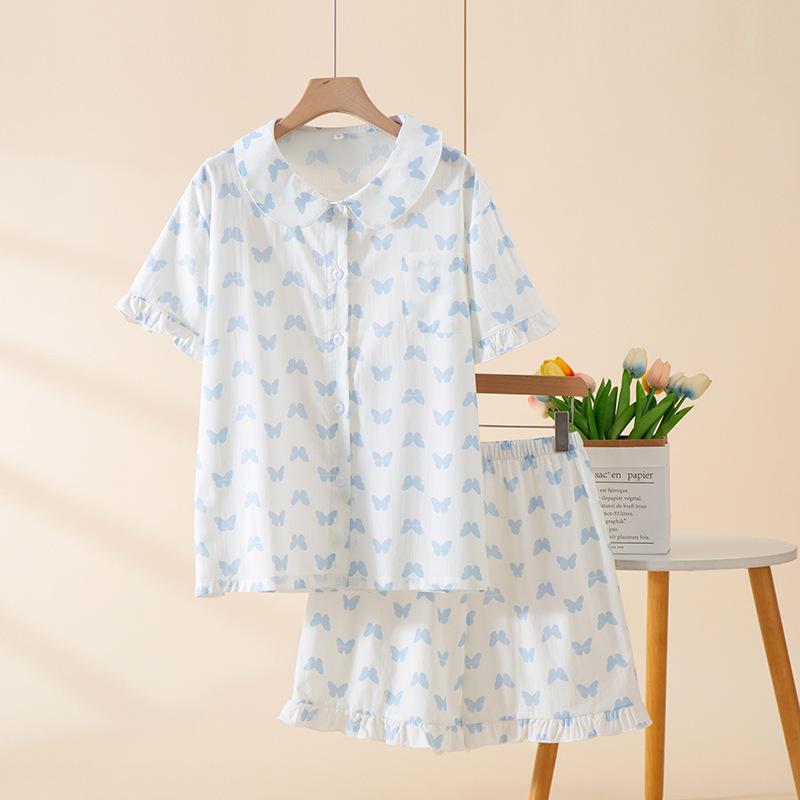 Women's pajamas, short-sleeved shorts, summer lace suit, thin cute butterfly loungewear, cardigan can be worn outside