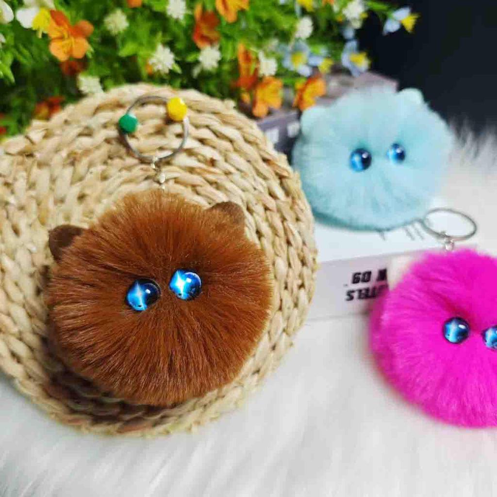 Rex Rabbit Fur Bow Cat Pendant Keychain Kitten Ornament