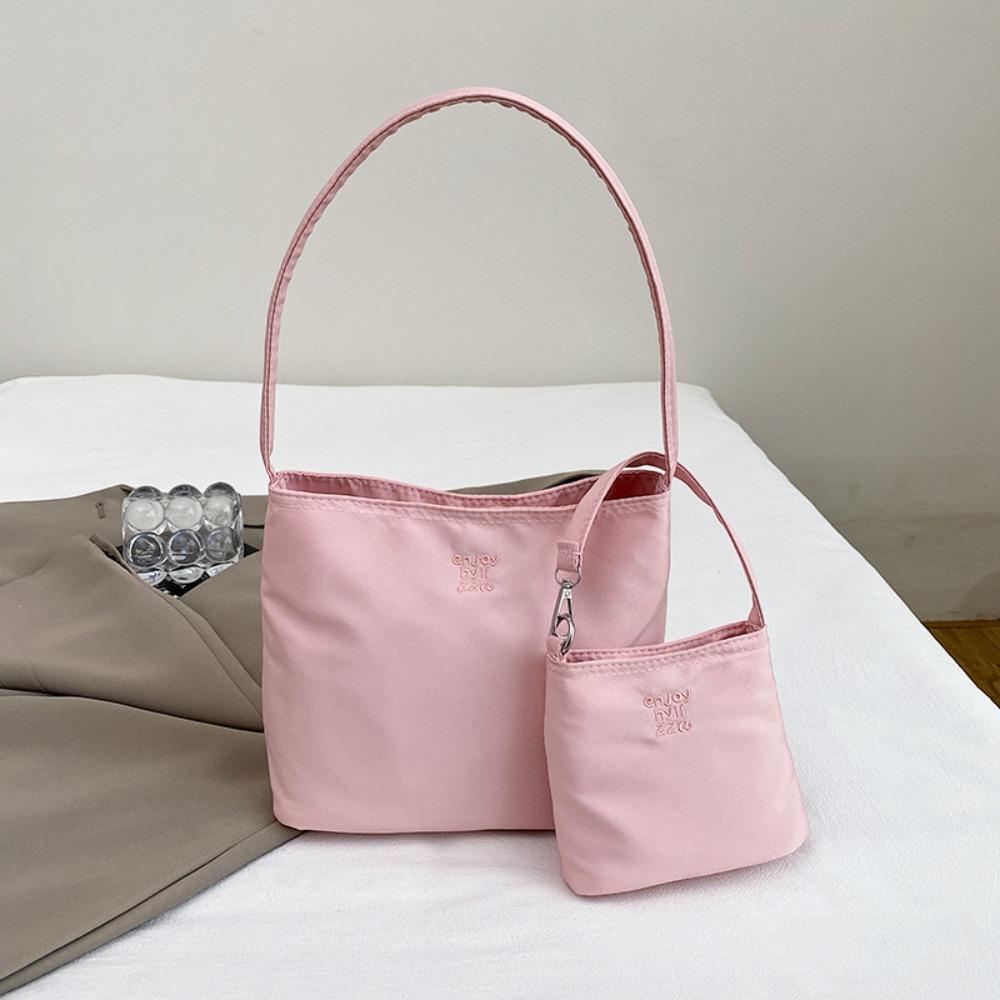 

Korean Style Nylon Tote Bag Pure Color Cloth Shoulder Bag Embroidery Letter Underarm Bag Girls