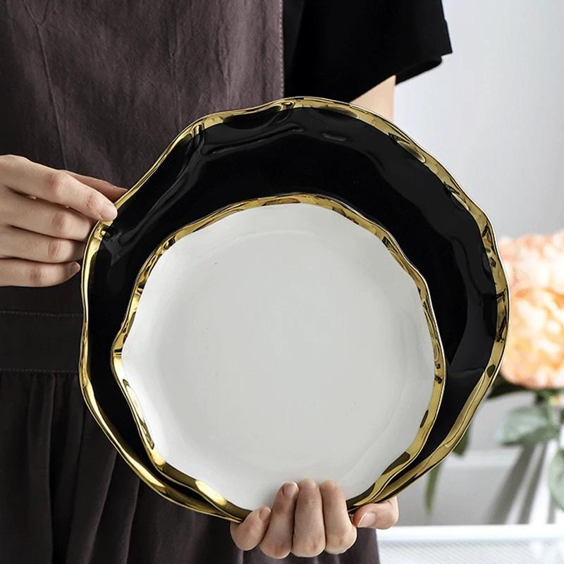 Nordic Golden Stroke Ceramic Plate Light Luxury Black White Pasta Steak Dinner Plates Dessert Dishes Soup Bowls Home Tableware