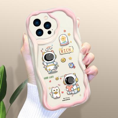 Cartoon Astronaut Phone Case for Iphone 15 14 13 12 11 Samsung Galaxy A52 Xiaomi Redmi 14 13C Cream Texture Casing Wavy Edge Soft Cover