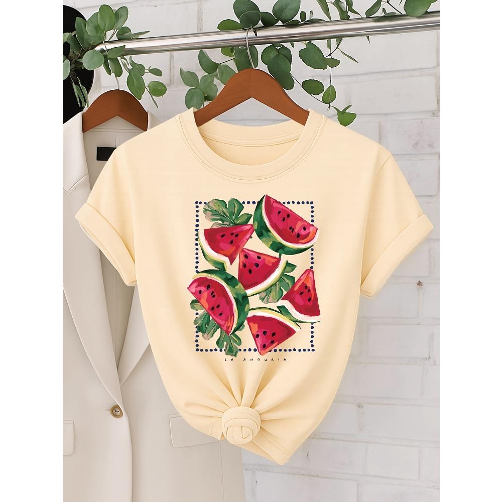 Watermelon Print Minimalist Style T-shirt Summer Casual Round Neck Short Sleeved Daily Fruit Print Clothing Aesthetic Clothes