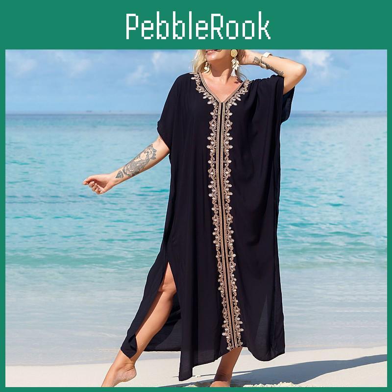 Edolynsa Kaftan Guld Broderet Elegant Lang Sort Tunika Løs Maxi Kjole Kvinder Sommer Tøj Strandtøj Badedragt Cover Up Q1455