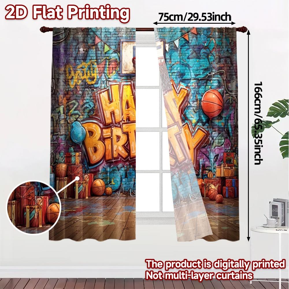 Set Of 2 Flat Printing Curtains Without Rod Birthday Hoops Polyester Easy Install Gifts Modern Made