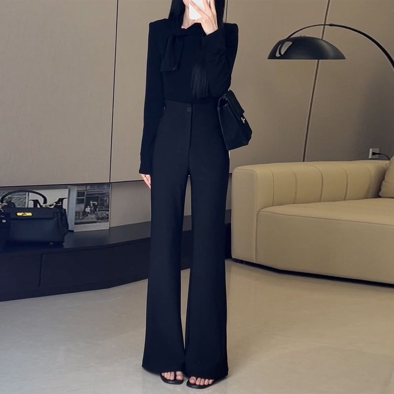 

Black Elegant High-Waisted Slim-Fit Flared Suit Pants for Women, 2026 Spring/Summer New Style, Non-Tight Straight-Leg Floor-Length Bell-Bottom Pants Black (Regular) S