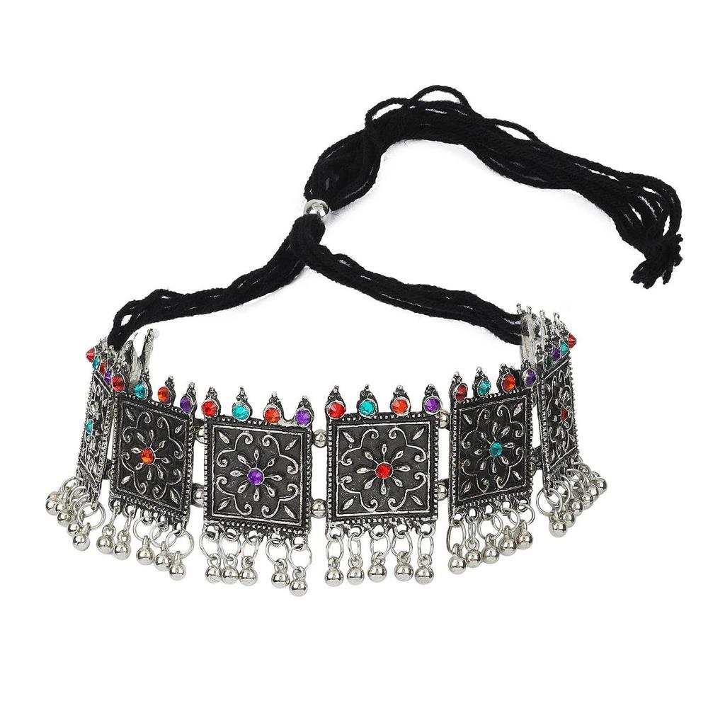 Shining Diva Fashion Latest Stylish Fancy Oxidised Silver Tribal Choker Necklace Jewellery Set for Women , Multicolour