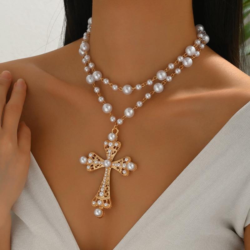 Oversized Cross Necklace Exaggerated Pearl Jewelry Punk Cool Style High-end Women's Necklace