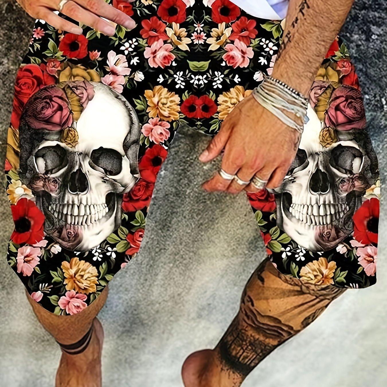 Bobby 2 Herenshorts met 3D-schedelafbeelding, comfortabele elastische trendy korte broek voor de zomer, casual mode-outfits in dagelijkse stijl L