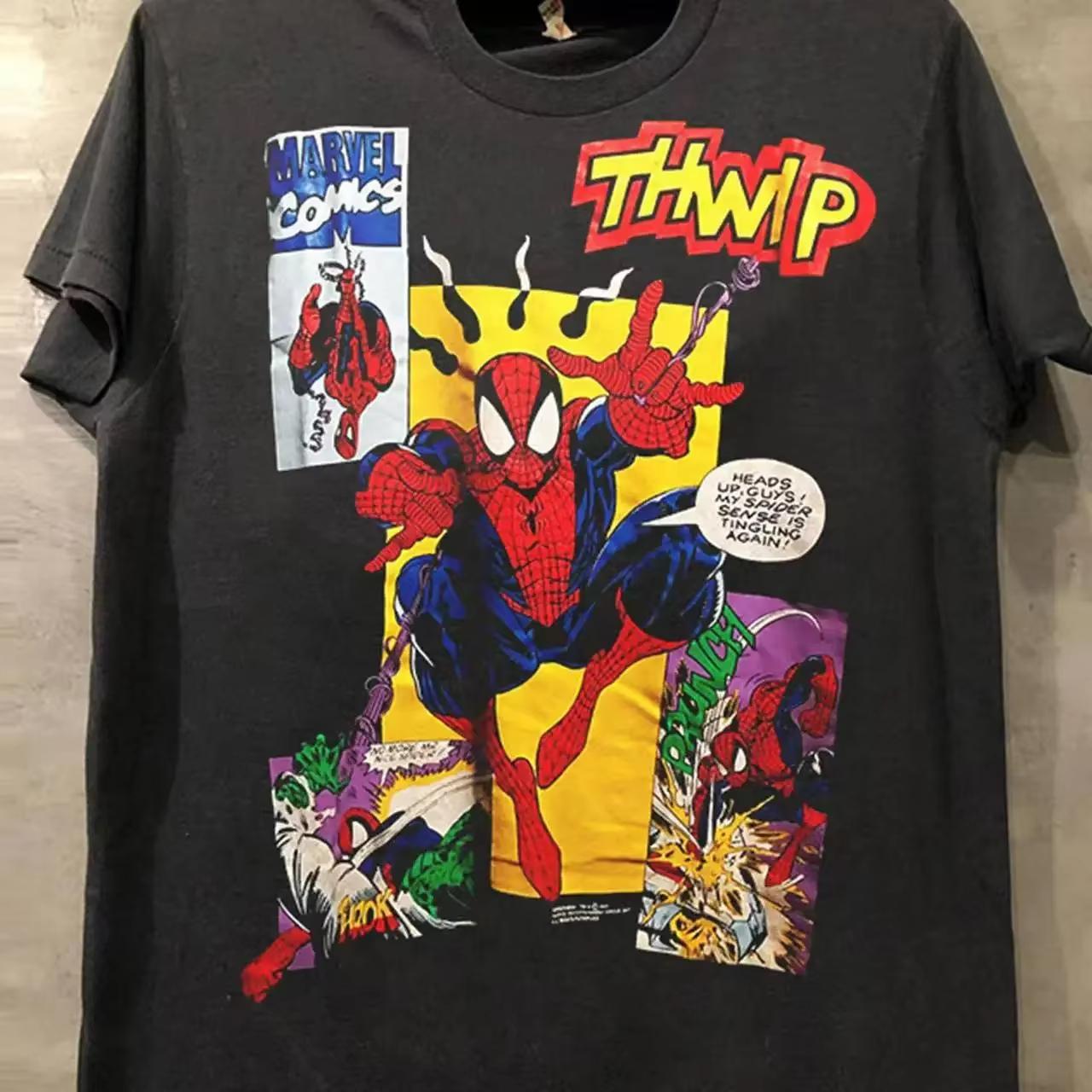 

2025 New Spider Man Marvel Hero Spider Man Kids Short Sleeve T-shirt CEC American Hip Hop Trendy Brand Heavy Retro Cotton Tee S