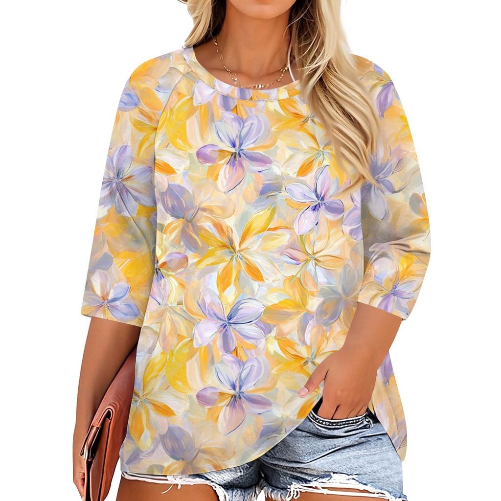 Women's Fashion Casual Print Round Neck 3/4 Sleeve T-Shirt Top
