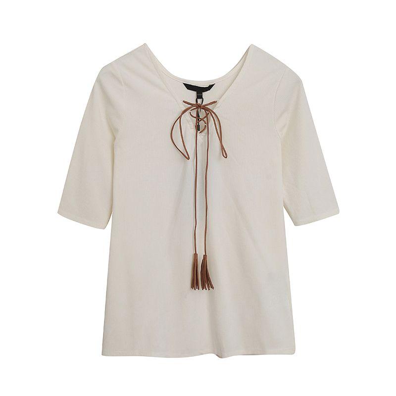 

Japanese Minimalist/Really Refreshing to Wear! Daily Order Tied V-neck Short Sleeve Sunken Stripe Short Sleeve T-shirt Women s Knitted Blouse Export White 36