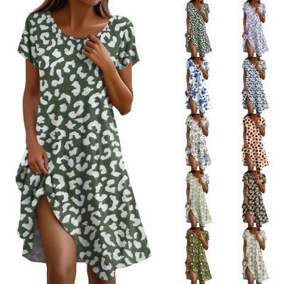 Short Sleeve Boho Dress For Women Casual Loose Fit Summer Sundress Floral Print Dress With Pockets
