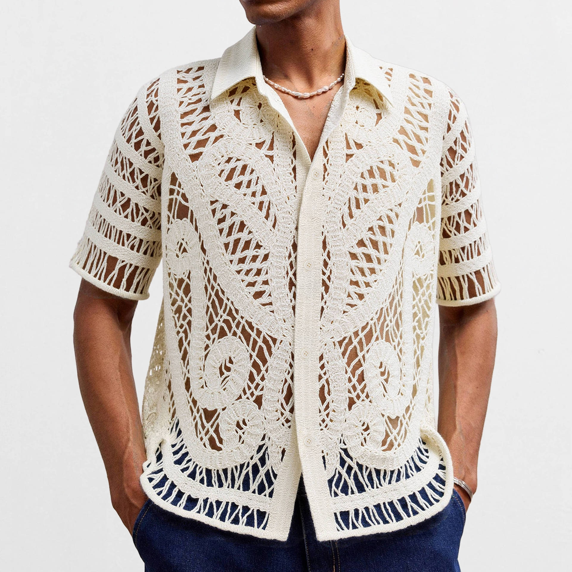 

Casual Knitted Short Sleeve Shirt for Men Button Down Crochet Hollow Out Shirt Top Men s Summer Vacation Vintage Knit Golf Beach Collared Shirts Tops 3XL