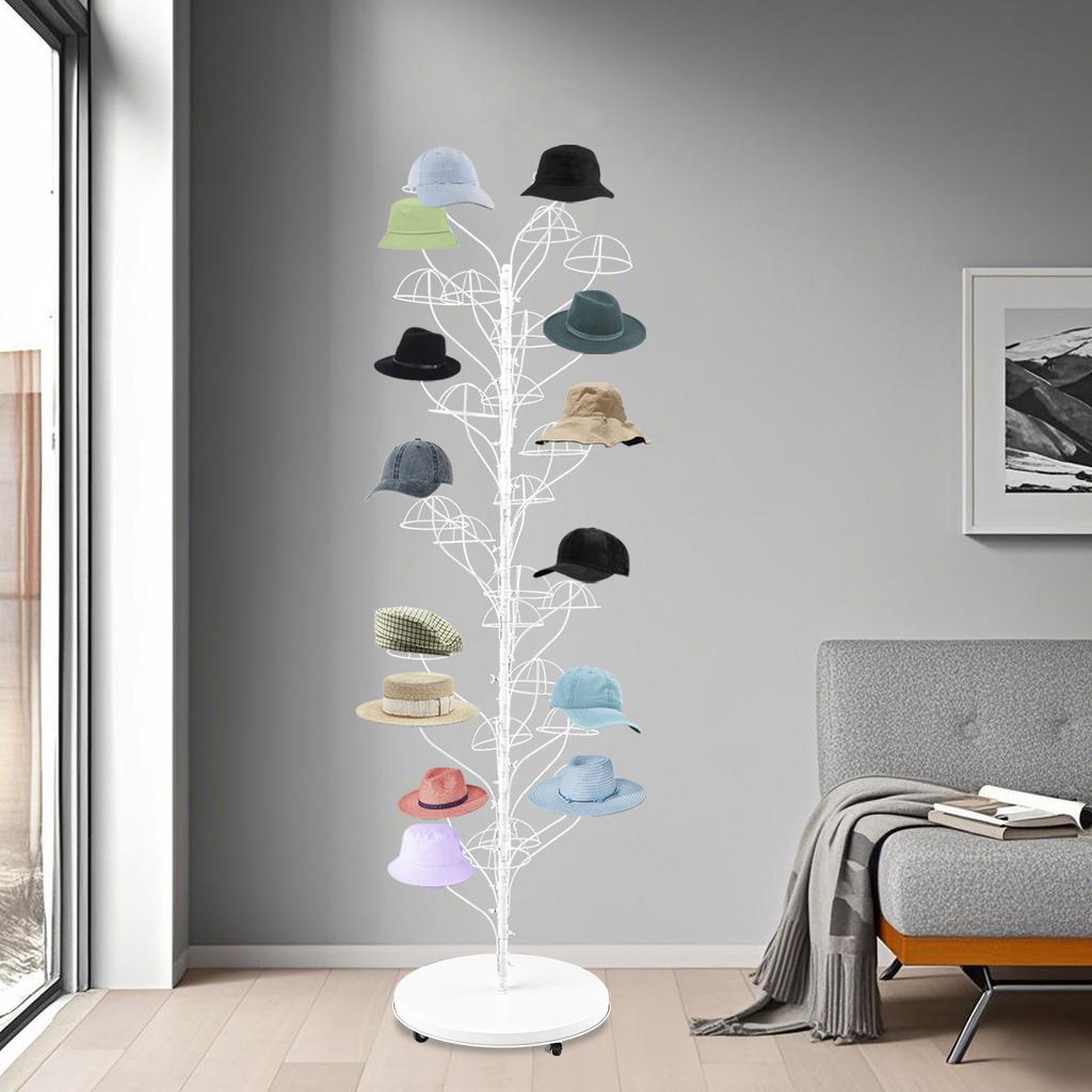 35-Hanger Rolling Hat Display Stand, White Floor-Standing Wig Cap Rack with Wheels - Adjustable 175cm Commercial Hat Holder