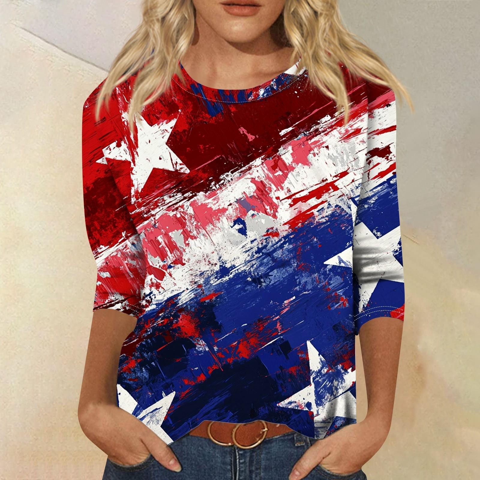 

Women s T-shirt Casual Independence Day Print Top T-shirt Crewneck Jumper XXXL винний