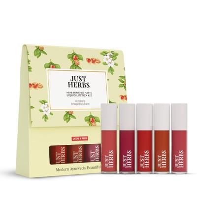 Just Herbs mit Kräutern angereicherter matter flüssiger Lippenstift | Set mit 5 Stück | Flüssiger Lippenstift für Damen | Tiefe & Rote Farbtöne | Feuchtigkeitsspendend & Leicht | Ashwagandha