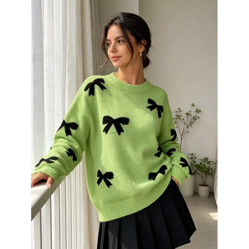 Womens Loose Fit Long Sleeve Knit Sweater With Bow Jacquard Round Neck Winter Casual Top