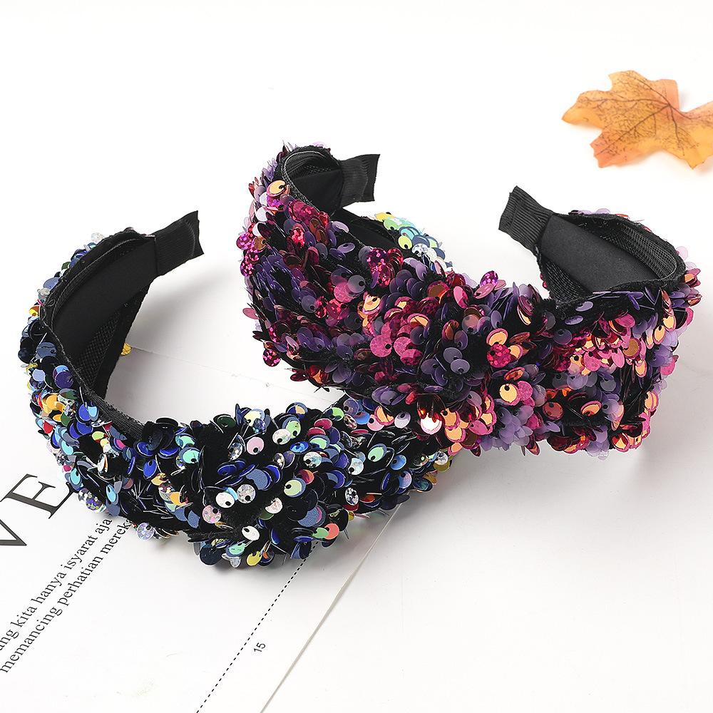 Mode Voll Pailletten Luxus Haaraccessoires Haarbänder Party Glitzernd Breit Gepolsterte Stirnbänder Kopfschmuck Bunt Schwamm Reifen