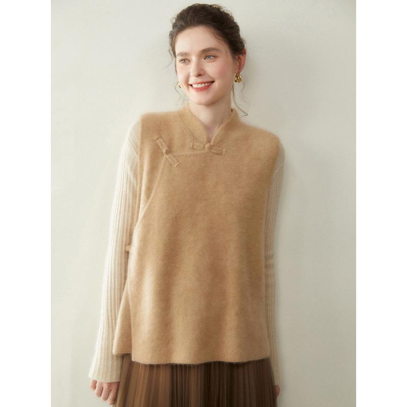 Women's Cashmere Knit Shawl Vest - Autumn/Winter Chinese Style with Slanted Lapel and Elegant Design