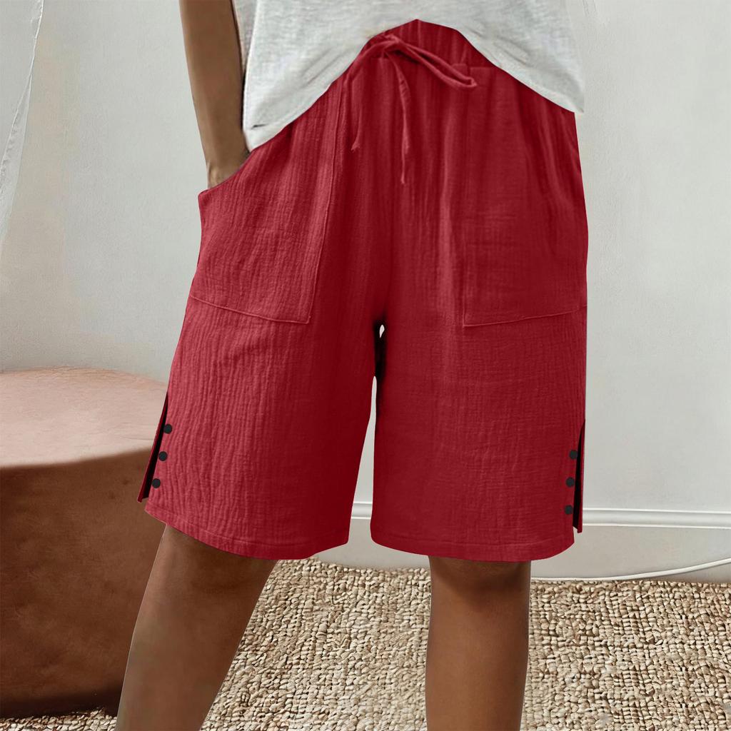 Women's Large Shorts Summer Casual Wide Leg Knee High Waist Cotton Pocket Long Shorts
