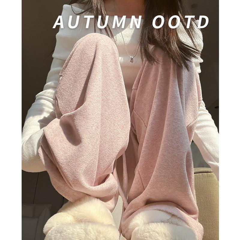 Pink soft waxy towel pants women's pants spring women's thin lazy walking casual pants straight mopping wide-leg pants