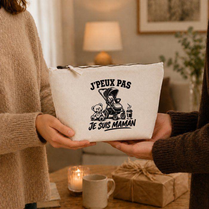 Trousse Beige J’peux pas je suis Maman J'peux pas minimaliste | Trousse de Toilette en Coton 3 L avec Zip Métal et Fond Plat