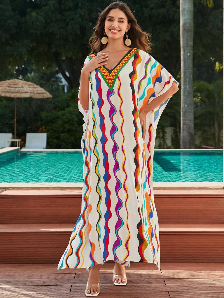 Luźny bawełniany szlafrok z nadrukiem w dużym rozmiarze - okrycie na wakacje na plaży dla kobiet