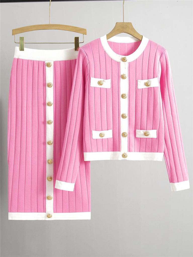 Elegant European Autumn Midi Skirt & Knitted Cardigan Set for Women