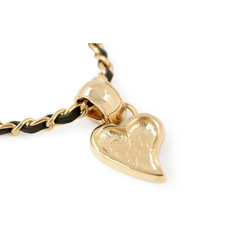 CHANEL Metal and Calfskin Heart Double C Necklace Black Gold Women's Metal Necklace Women's