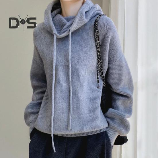 Damegenser Pelskrave Snøring Hette Langermet Strikketopper Ensfarget Casual Løs Passform Strikkeplagg