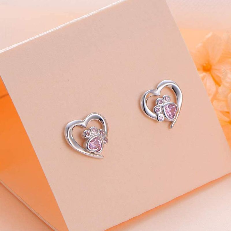 Spot Love Cat Paw Small Stud Earrings Creative Dog Footprint Zircon Earrings Girls Jewelry