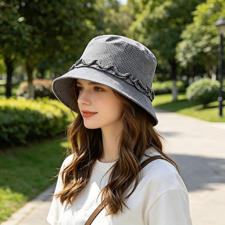 Summer Sun Protection Bucket Hat for Women, Wide Brim Plaid Lace-Trimmed, Lightweight Breathable, Perfect for Travel, Beach, and Outdoor Photo