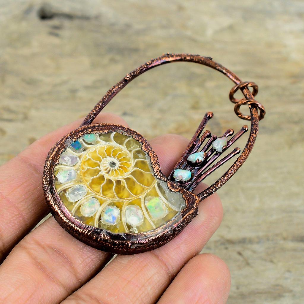 Ethiopian Opal In Ammonite Fossil Pendant Electroformed Copper Pendant Ethiopian Opal Pendant Handmade Jewelry Gemstone Pendant Gift for Her