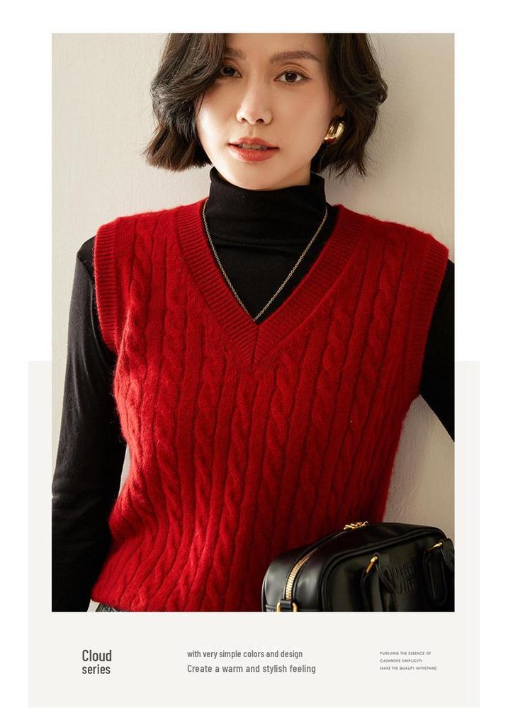 Women's V-neck Cashmere Cable Knit Sleeveless Vest Cardigan Sweater