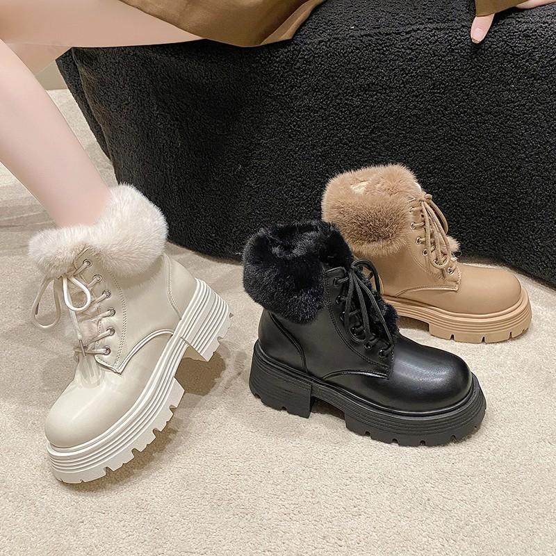 Women's Ankle Boots British-Style Plush-Lined Block-Heeled Warm Snow Boots Lace-Up Thick-Sole Short Boots for Women Botas Mujer