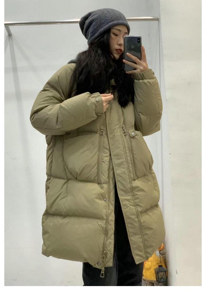 2024 Winter Korean Style Women's Stand Collar White Duck Down Mid-Length Jacket