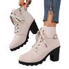 Women's Leather Boots, Low Tube, Thick Heel, Round Head, High Heel, Women's Lace-up, Brown and Bare Boots, Spring and Autumn Large Size Women Incre