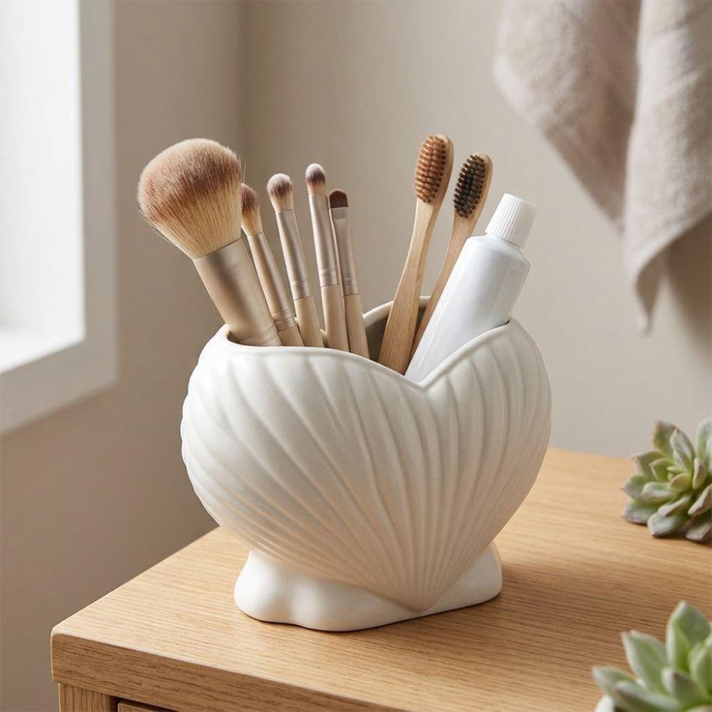 Coastal Style Shell Shape Toothpaste Toothbrush Holder Aesthetic Pen Storage Holder Desk Use