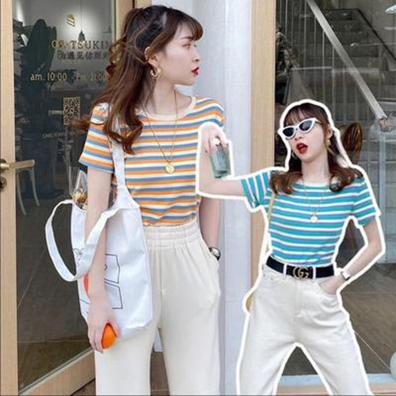 2025 Summer Striped Short-Sleeve Slim-Fit Korean T-Shirt for Women