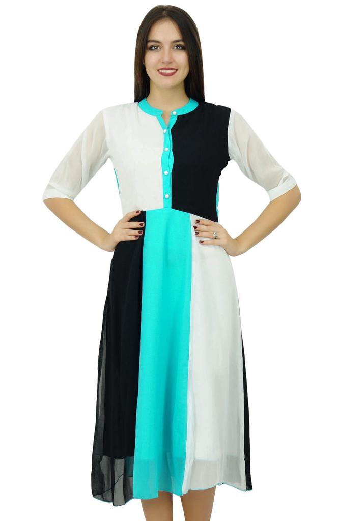 Bimba Womens Classic Mandarin Collar Shift TriColor Midi Summer Chic Dresses