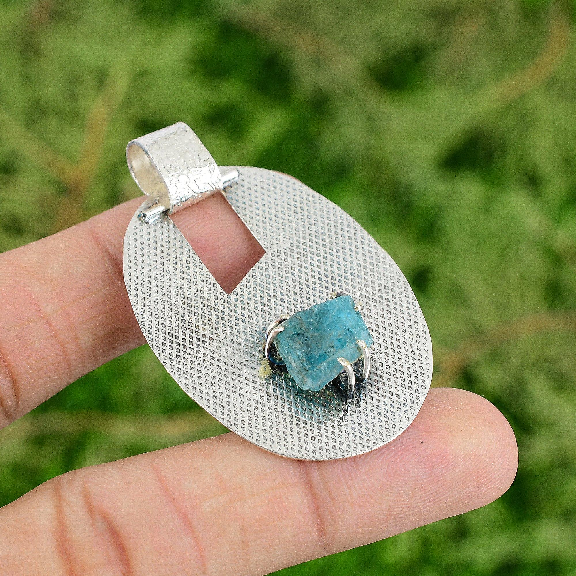 

925 Sterling Silver Octagon Natural Neon Apatite Rough Wife Boho Pendant Jewelry