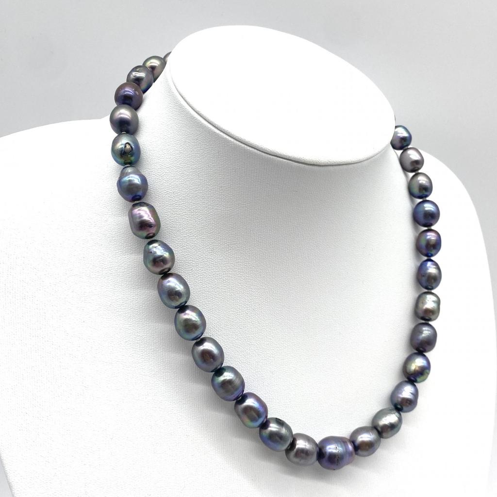 High-Quality Black Necklace Baroque Pearl Natural Jewelry Semi-Round Peacock Luster Approx 47cm 10.0mm–12.5mm 65.4g Silver Clasps
