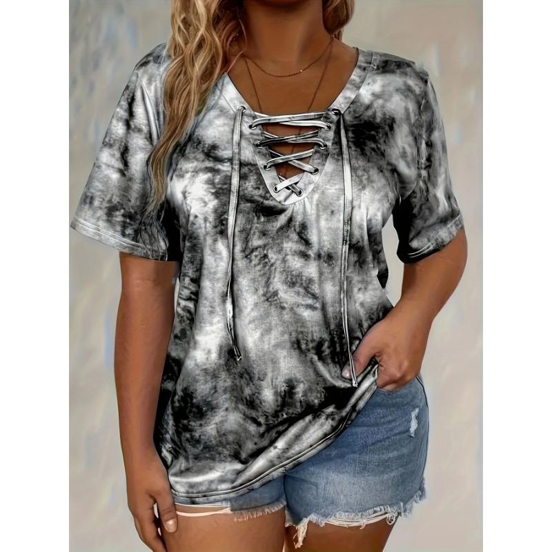 

Новая женская футболка с короткими рукавами, V-образным вырезом и принтом в стиле тай-дай с цветными блоками XXL серый