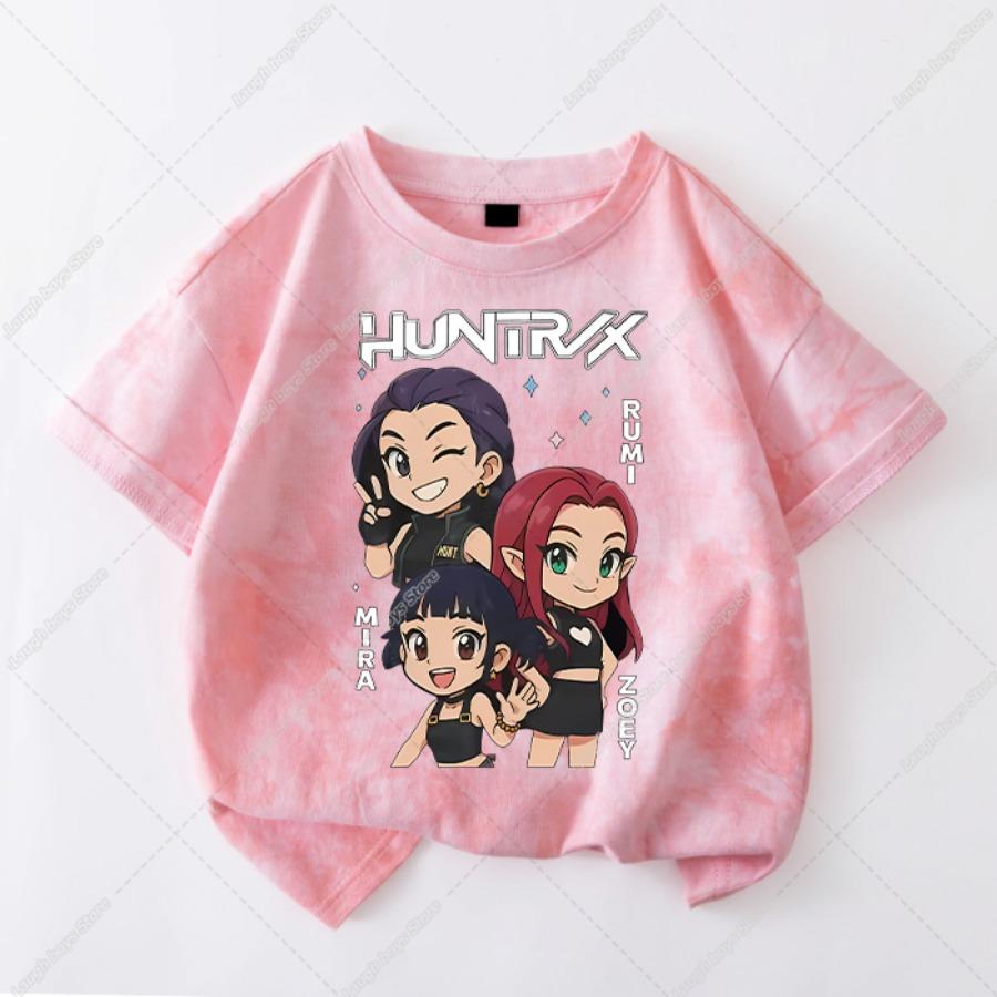 Kawaii KPop Demon Hunters Tie-dye T-shirt Girls Short Sleeve Tops Rumi Mira Zoey Printed Tee Shirts Summer Children's Clothing