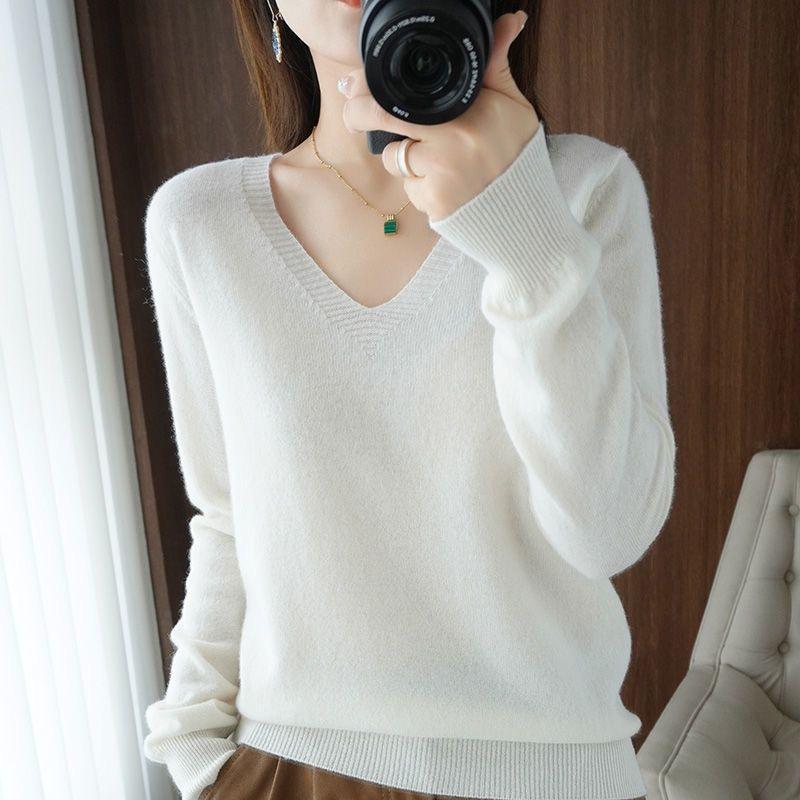 Women Sweater Spring Autumn Woolen Pullovers V-neck Slim Fit Bottoming Shirt Solid Soft Knitwear Jumpers Basic Sweaters